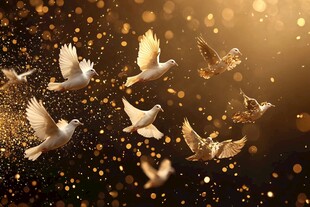 金辉中白鸽展翅飞翔