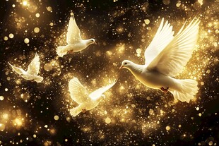 金辉中飞翔的圣洁白鸽