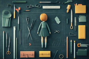 缝纫少女与多样手工工具