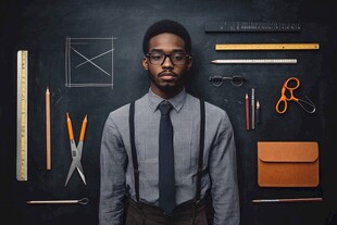 工装男子与各类文具工具