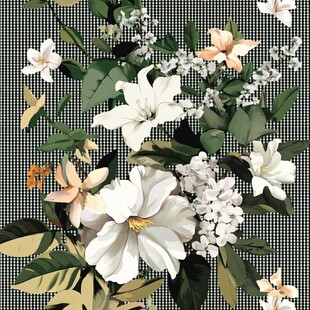 复古花卉图案 黑白格背景