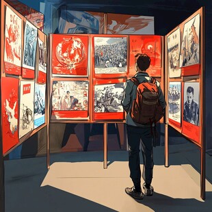 男子观红色主题画展