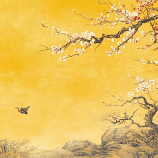 金黄背景下的花鸟山水图