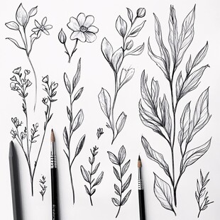 手绘花卉枝叶铅笔素描图案