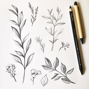 手绘植物枝叶铅笔稿图