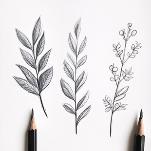 手绘植物枝叶铅笔素描图