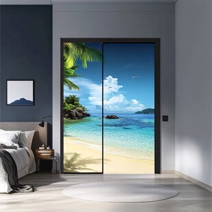 卧室中的海滨风景移门
