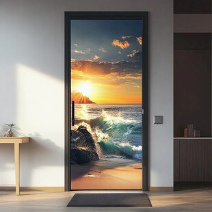海边日落入户门装饰画