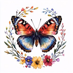 蝴蝶花环水彩插画