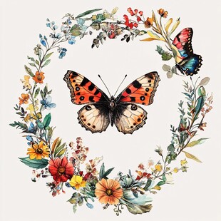 蝴蝶与花卉组成的精美花环