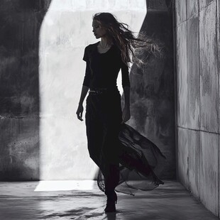 黑衣女子于光影中独步行走