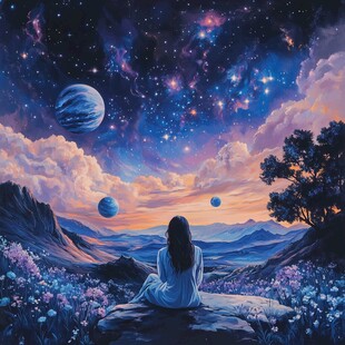 女孩凝望梦幻星空宇宙