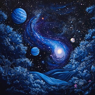 梦幻蓝调星空下的奇幻森林