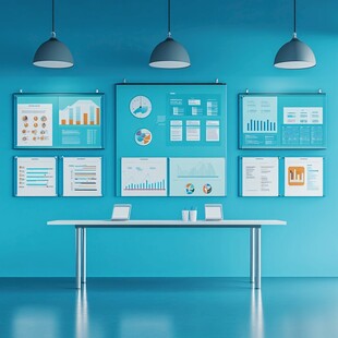 蓝色办公墙面的图表展示区