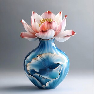 蓝瓷花瓶插粉艳荷花