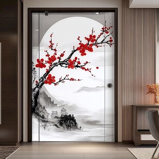 中式梅花山水入户门装饰画