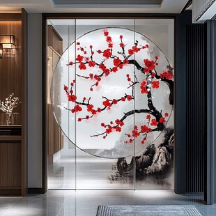 中式玄关圆形红梅艺术屏风