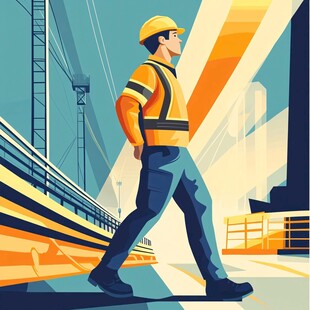 工地工人行走在建筑场景中