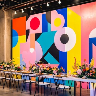 多彩几何墙下的雅致餐桌