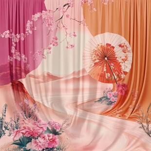 中式浪漫花卉伞景窗帘图