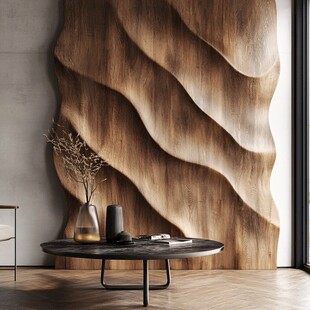 波浪纹理木质墙饰的室内一角