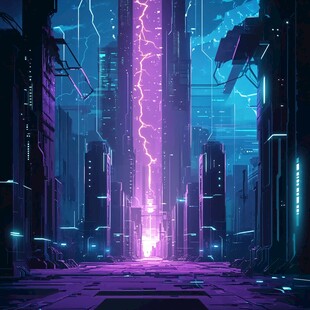 未来都市霓虹闪电科幻景象