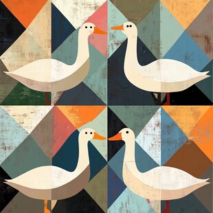 几何背景中的四只白鹅