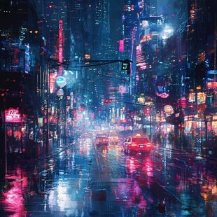 雨夜霓虹下的繁华都市街景