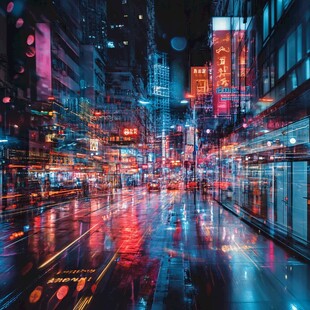 霓虹雨夜下的繁华都市街道