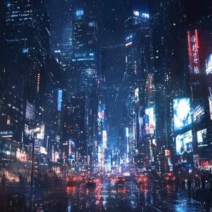 霓虹闪烁的雨夜都市街景