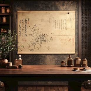 中式茶室古韵字画场景