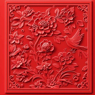 红色雕花 花鸟同框精美图案