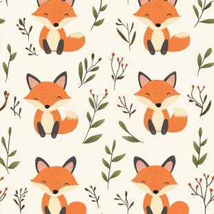可爱狐狸与植物无缝图案