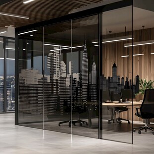 现代办公室玻璃墙城市剪影