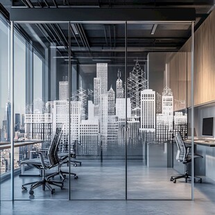 现代玻璃墙办公室与城市景