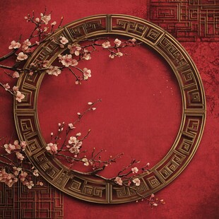 中式红底圆环梅花装饰图
