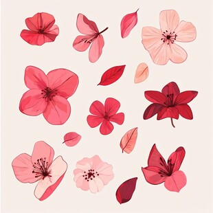 粉色系花卉与叶片插画素材