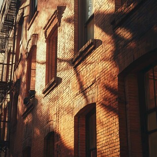 夕阳下的红砖建筑墙面光影