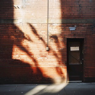 红砖墙边的光影与门