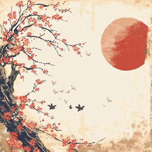 红梅映日飞鸟图