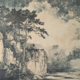 水墨山水间的松林崖岸