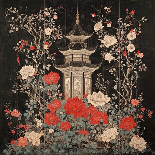 中式繁花古塔图