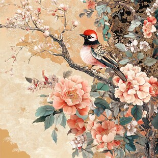 花鸟图 枝头艳花俏立灵鸟