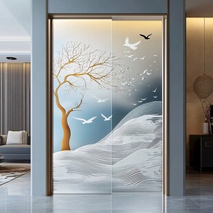 中式写意树鸟艺术玻璃隔断