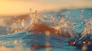 夕阳下的海浪水花飞溅