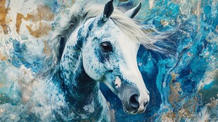 蓝白骏马奔腾艺术画作