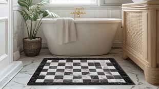 黑白格纹浴室地垫与浴缸