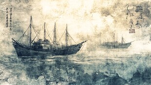 水墨风海上船只意境图
