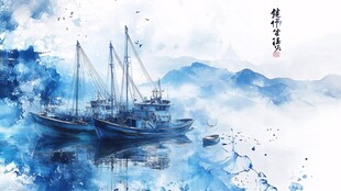 水墨风格海港船只景致