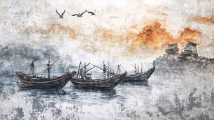 水墨渔船图 飞鸟伴夕阳
